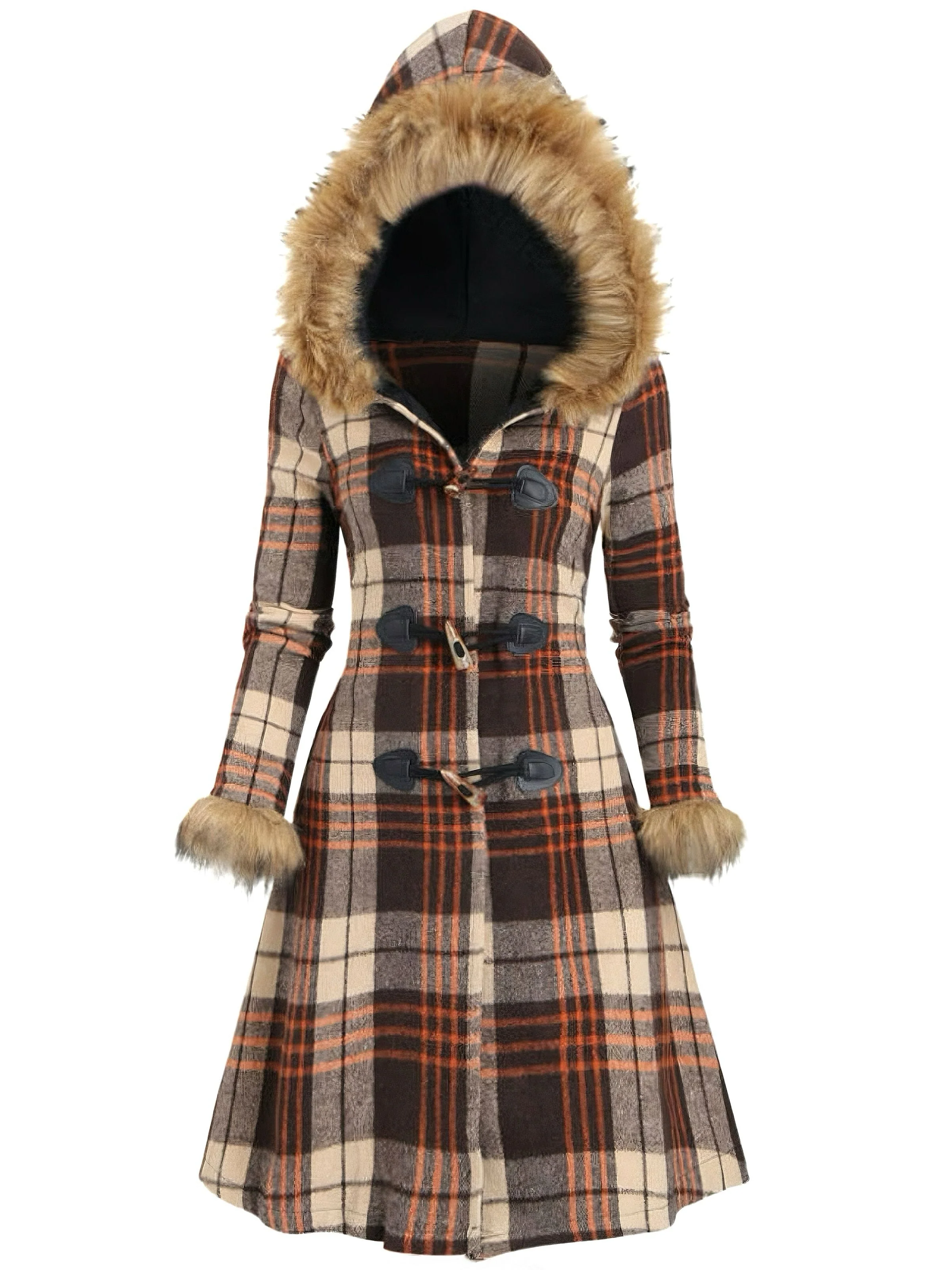 Manteau à capuche à carreaux et bordure en fausse fourrure années 1940 - Image 4