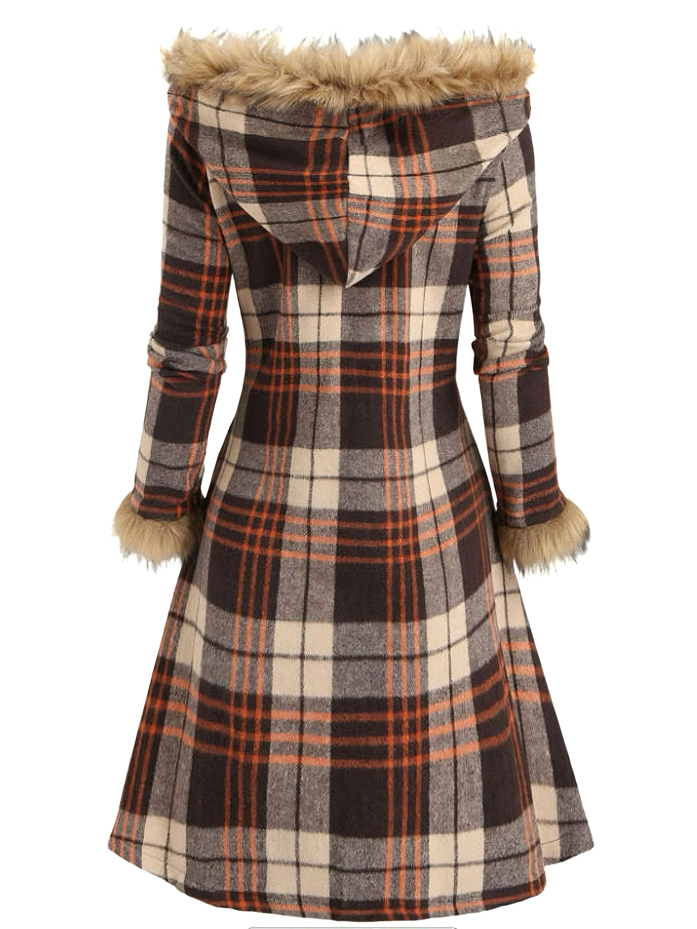 Manteau à capuche à carreaux et bordure en fausse fourrure années 1940 - Image 5