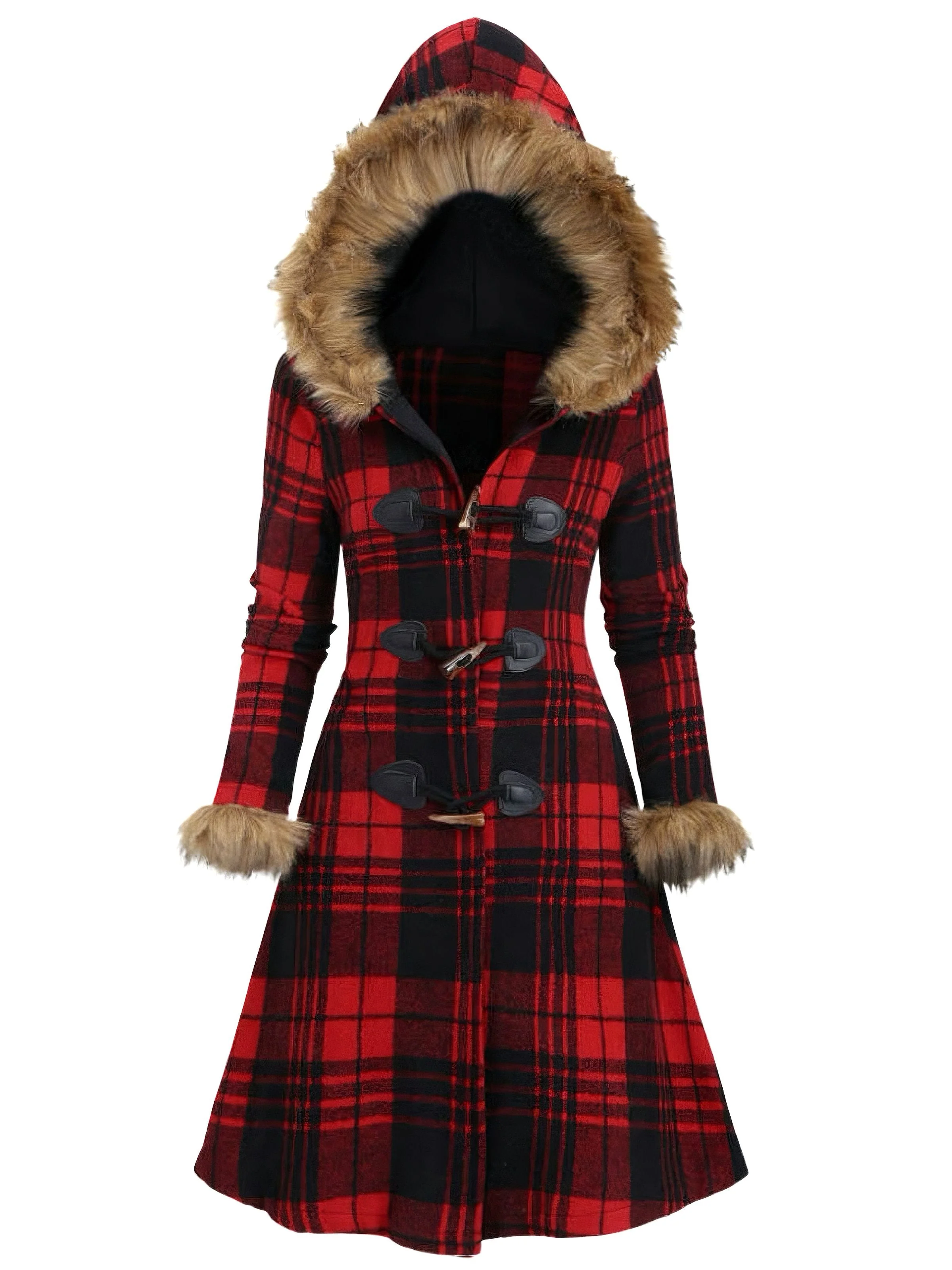 Manteau à capuche à carreaux et bordure en fausse fourrure années 1940 - Image 6