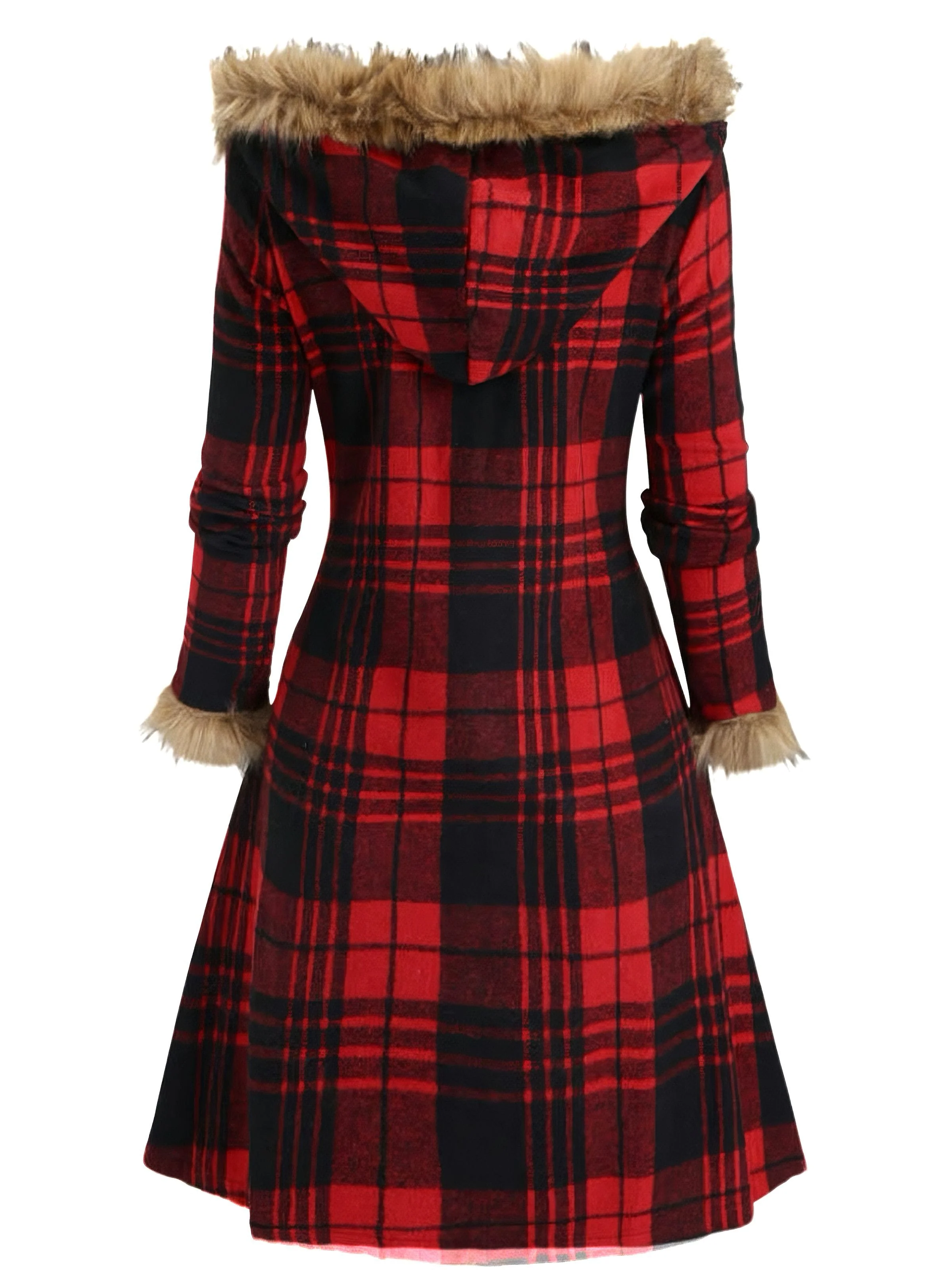 Manteau à capuche à carreaux et bordure en fausse fourrure années 1940 - Image 7
