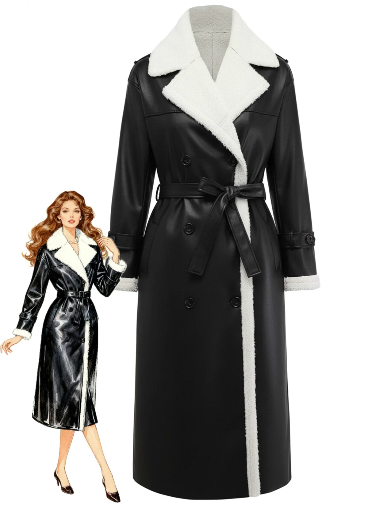 Manteau long à revers en fausse polaire sherpa contrastée des années 1940