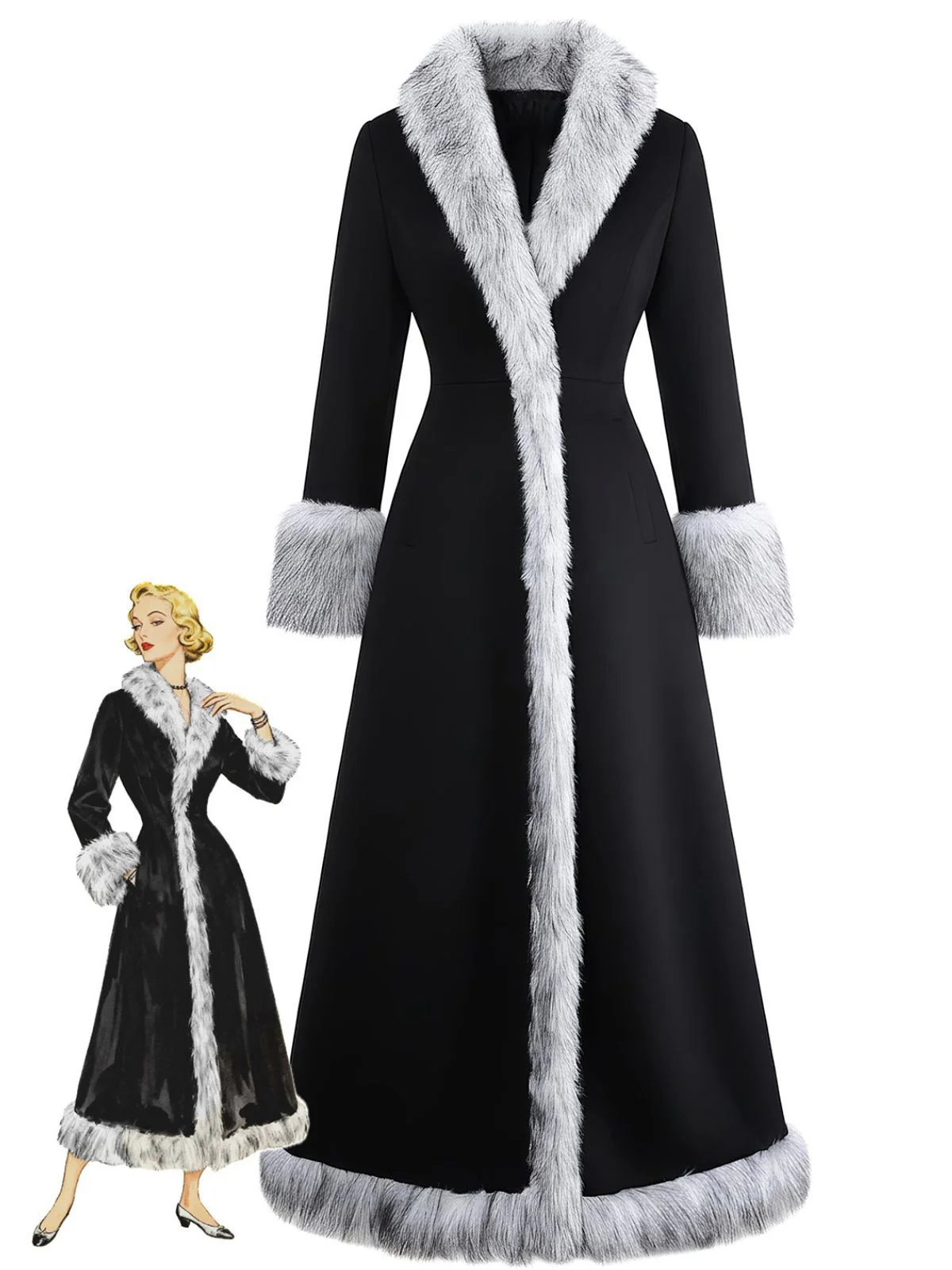 Manteau long noire à bordure en fausse fourrure années 1930