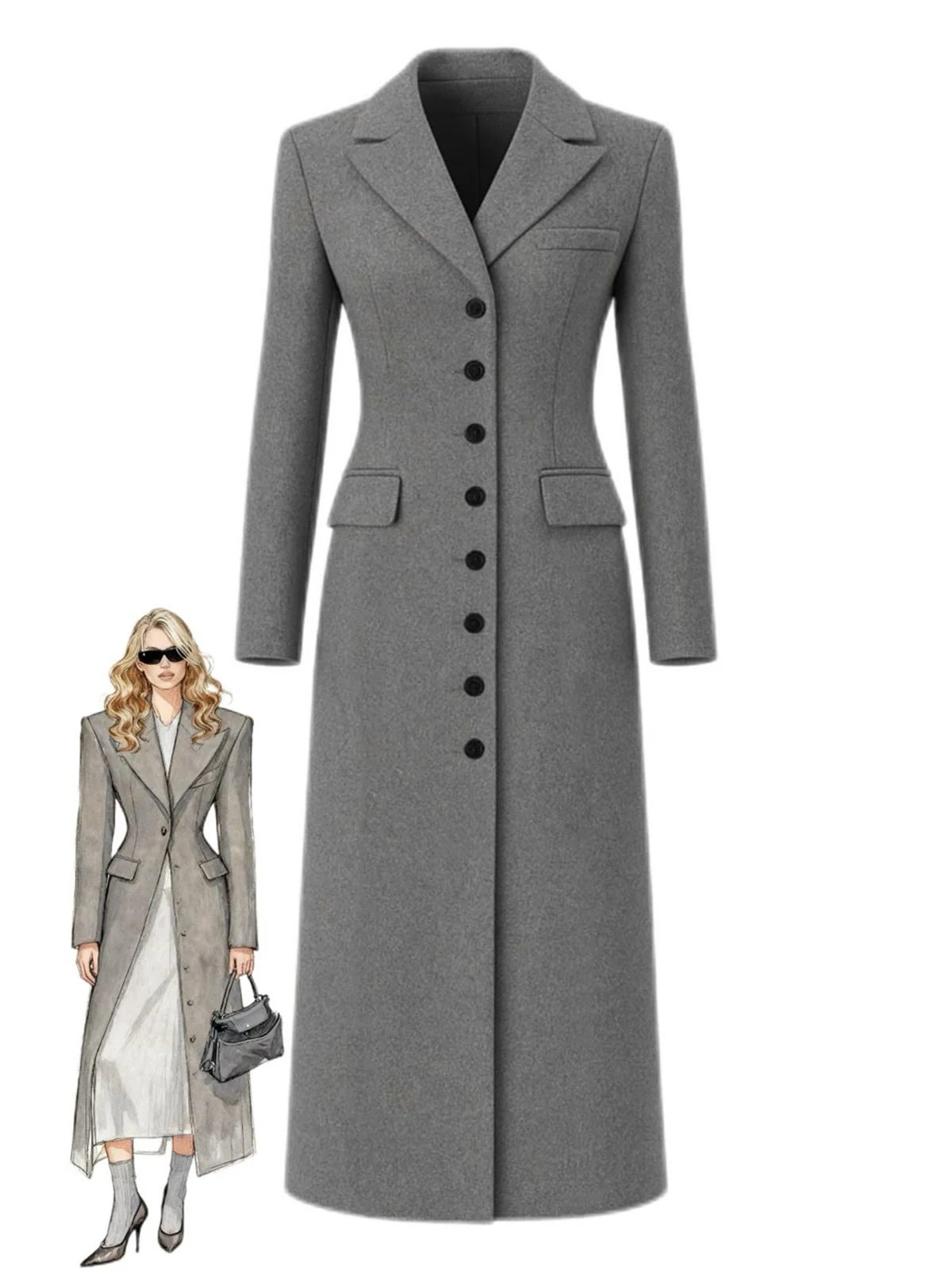 Manteau longue gris à boutons col revers unis des années 1930