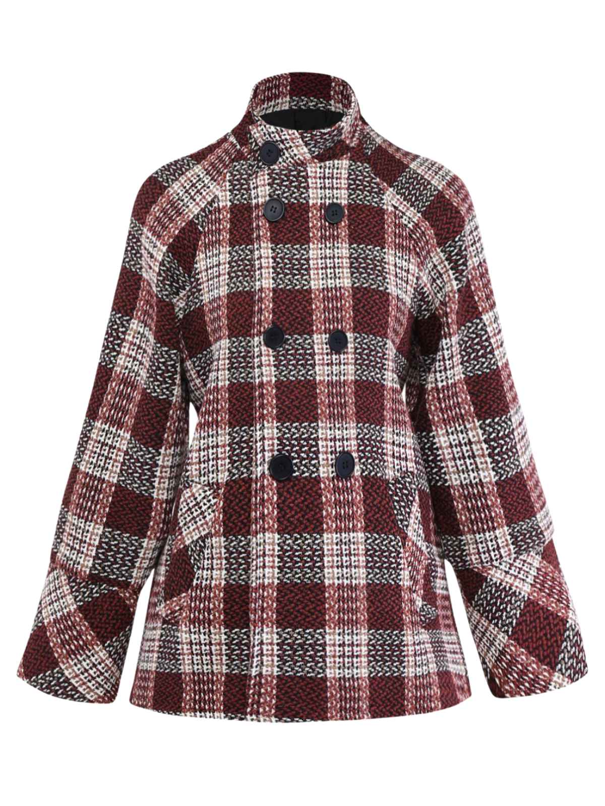 Manteau rouge à carreaux en tweed col montant des années 1950
