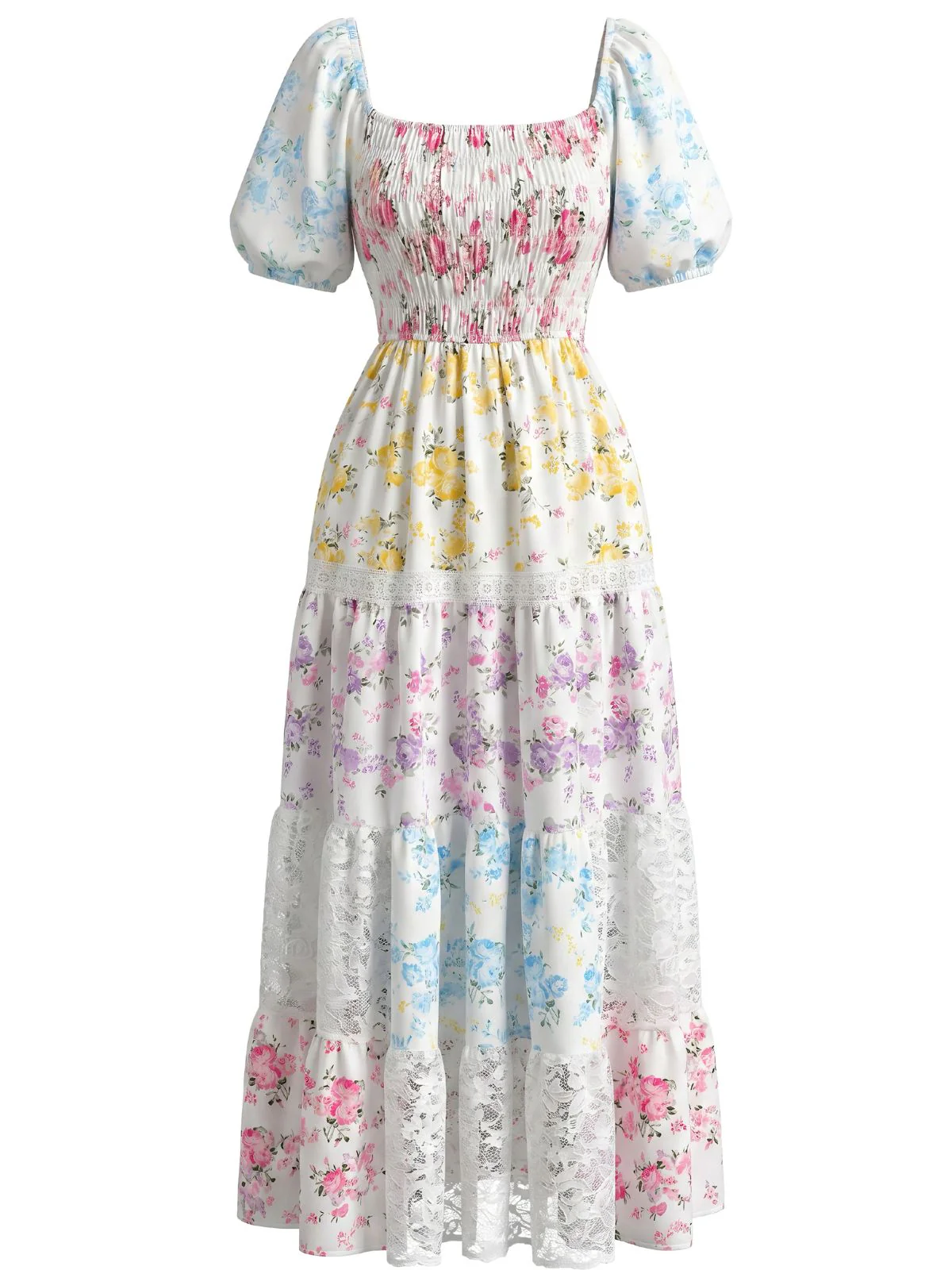 Maxi-robe plissée patchwork dentelle florale années 1930 - Image 2