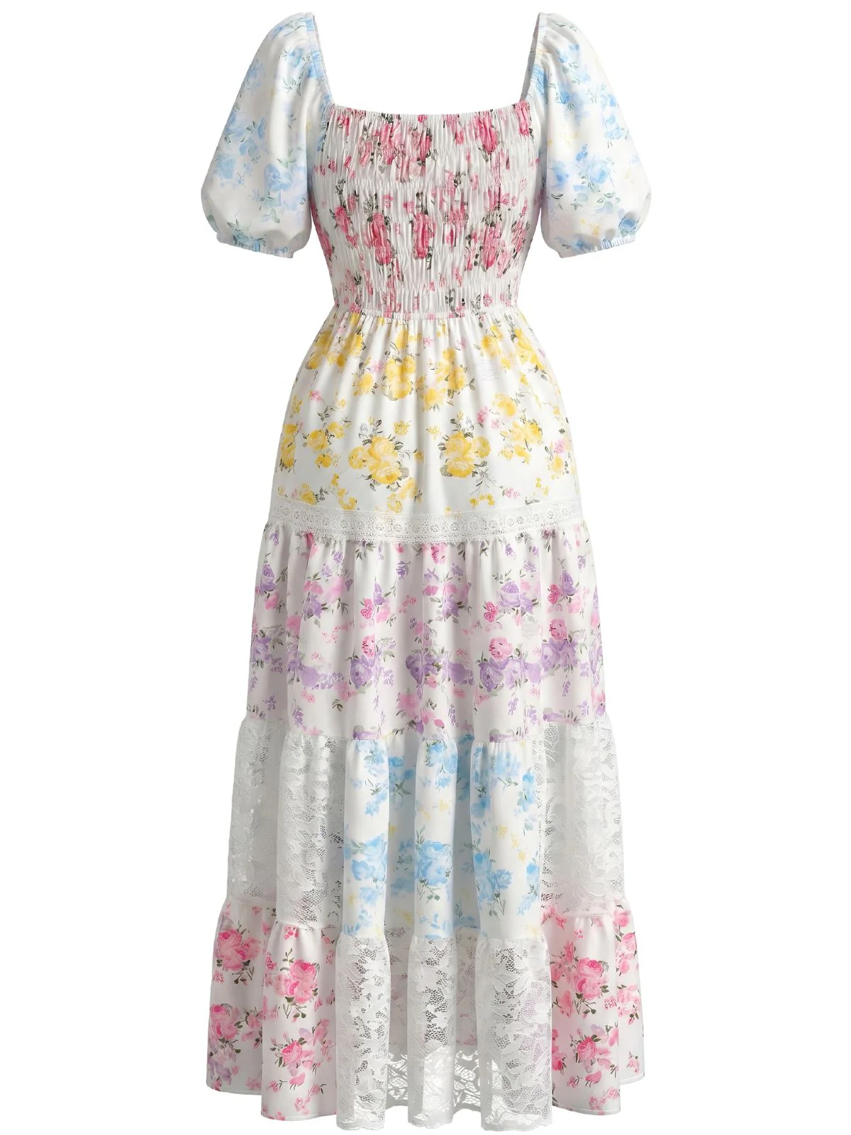 Maxi-robe plissée patchwork dentelle florale années 1930 - Image 3