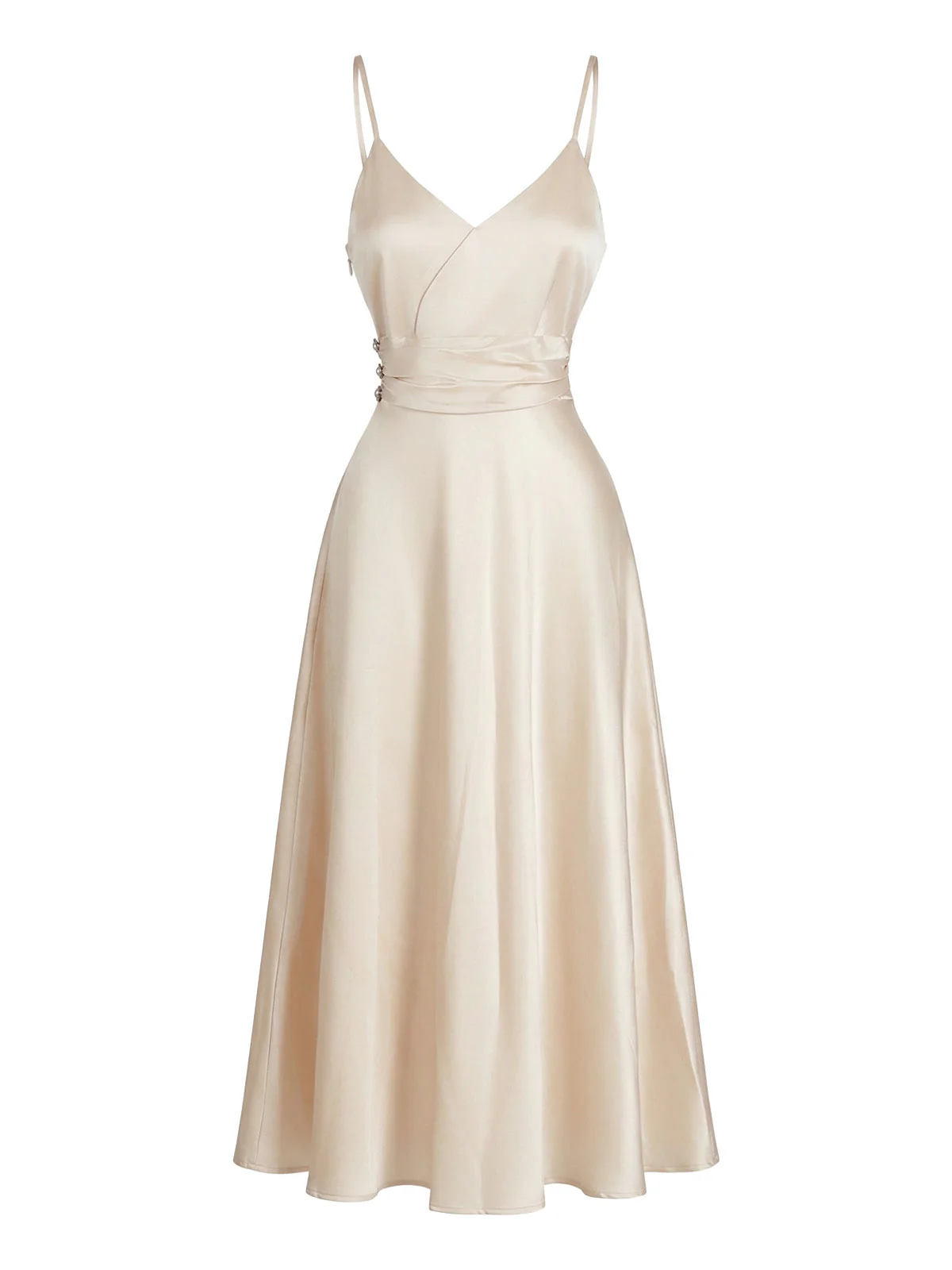 Maxi-robe satin couleur champagne col V et taille froncée années 1930 - Image 4