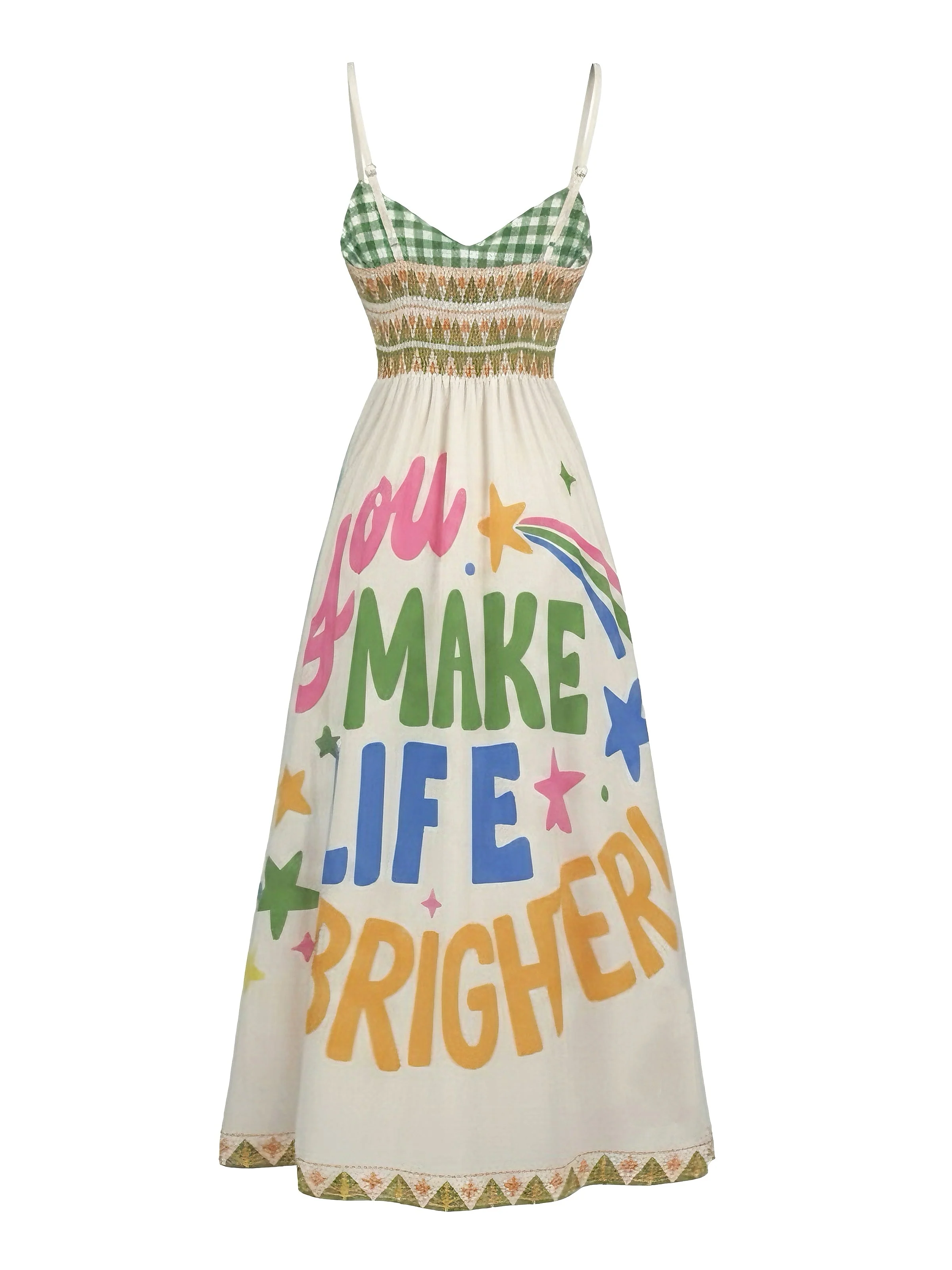 Maxi-robe verte fines bretelles imprimé à carreaux et motif paysager années 1950 - Image 3