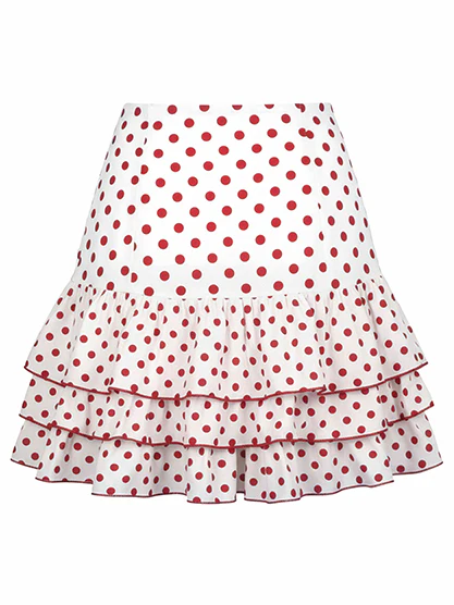 Mini-jupe rouge à pois rose 3D ourlet à volants des années 60 - Image 4