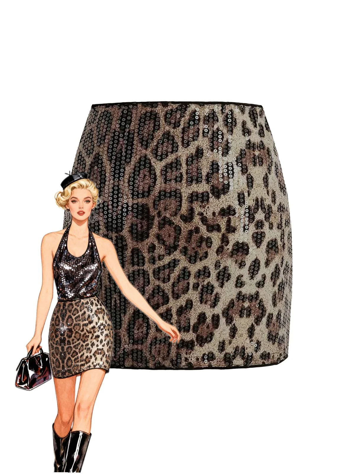 Mini-jupe sequins imprimé léopard marron années 80