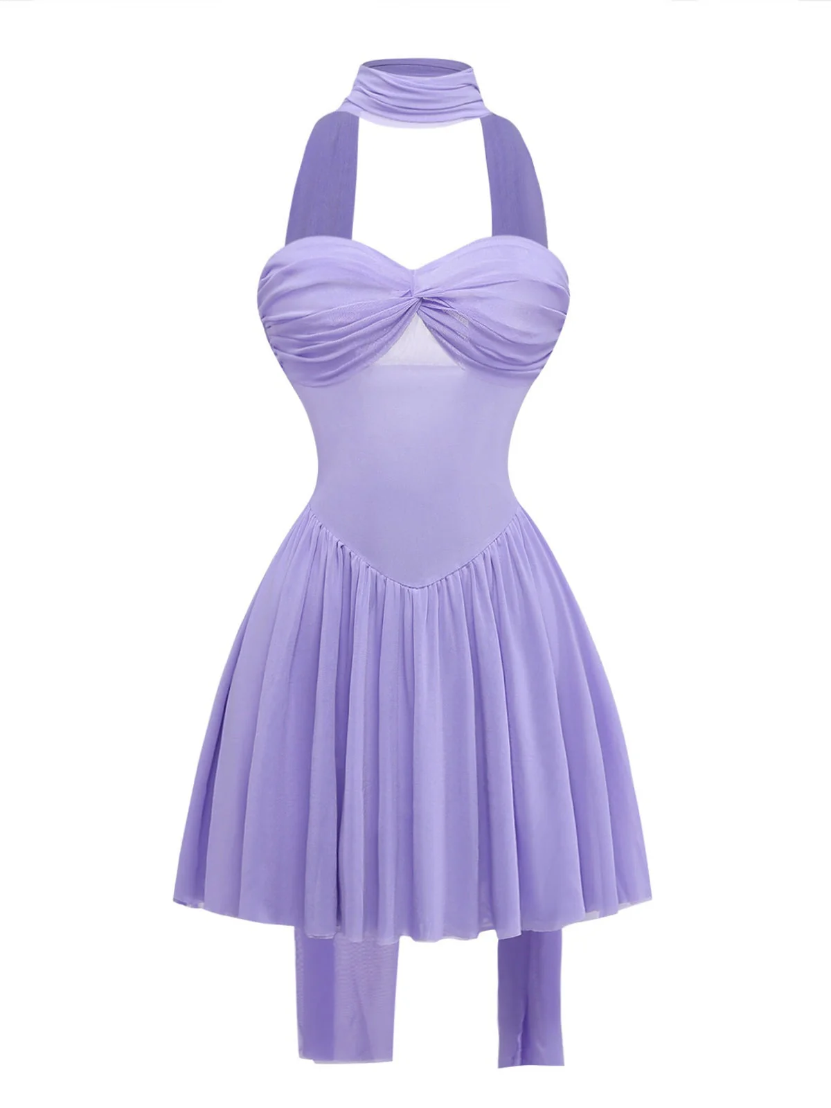 Mini-robe babydoll bustier résille lilas foulard années 70 - Image 2