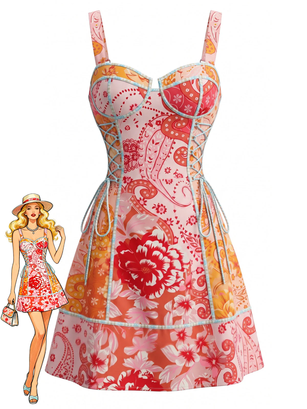 Mini Robe Imprimé Cachemire Lacé Rose Années 70