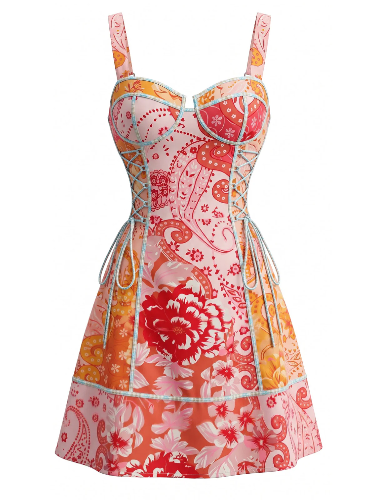Mini Robe Imprimé Cachemire Lacé Rose Années 70 - Image 2