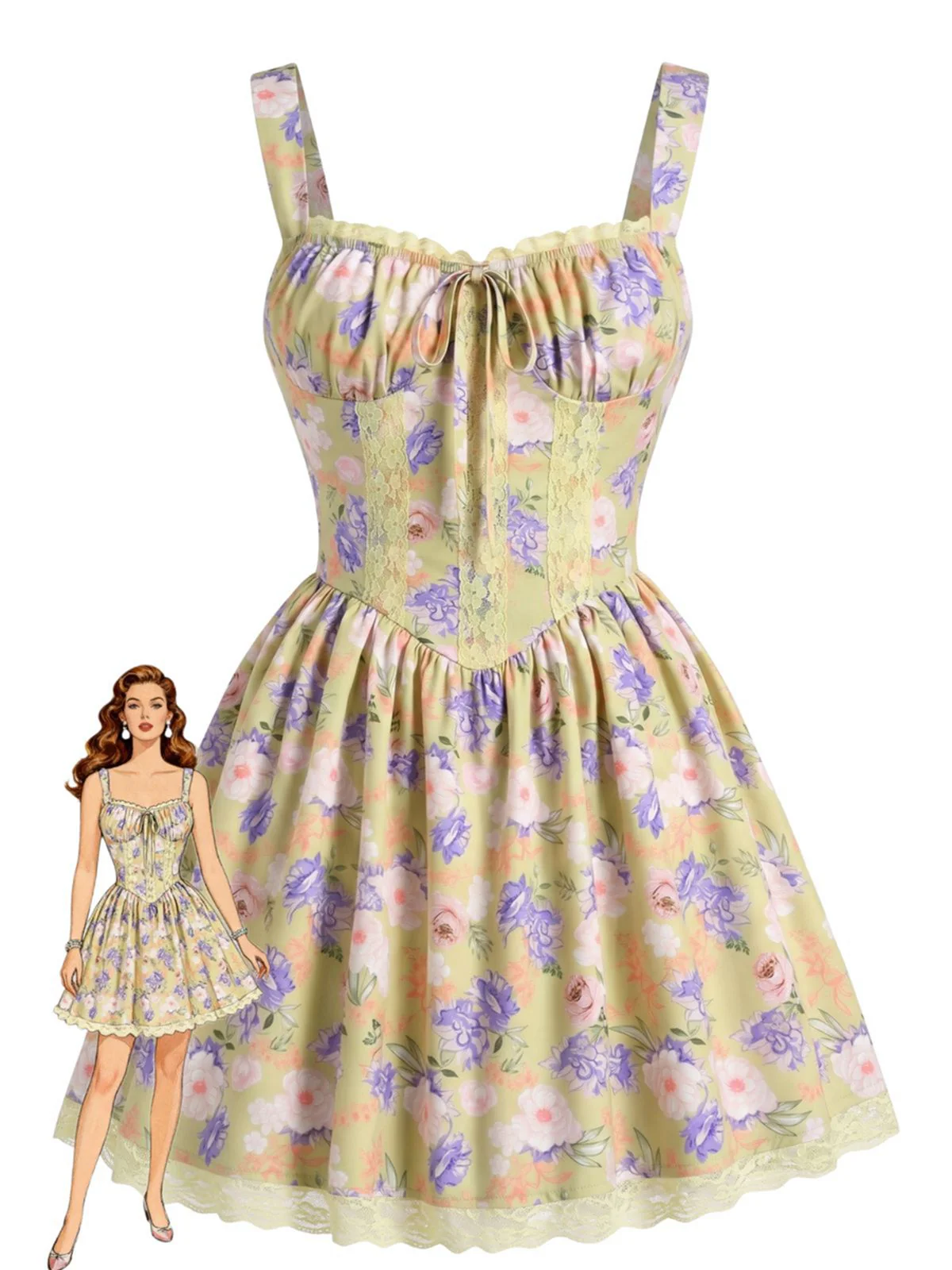 Mini-robe jaune patchwork floral et dentelle années 1950