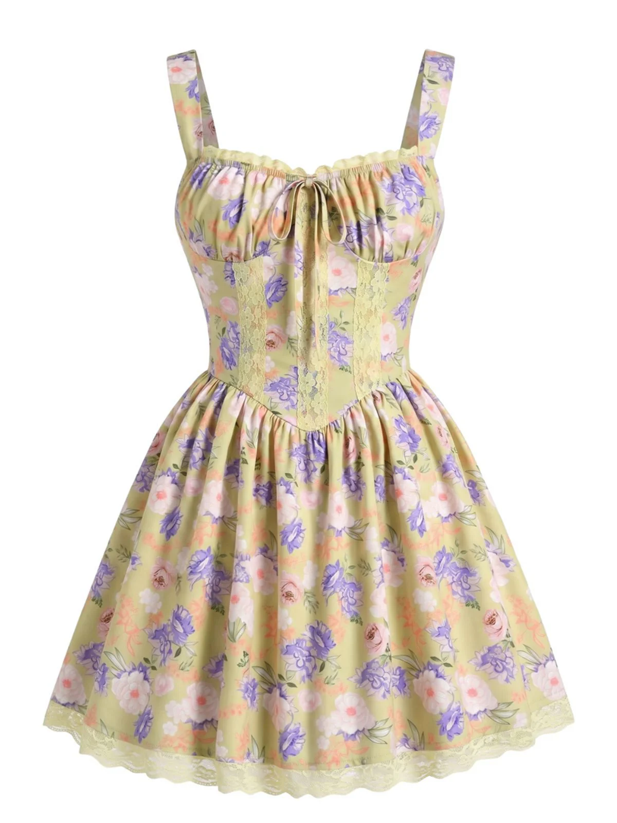 Mini-robe jaune patchwork floral et dentelle années 1950 - Image 2