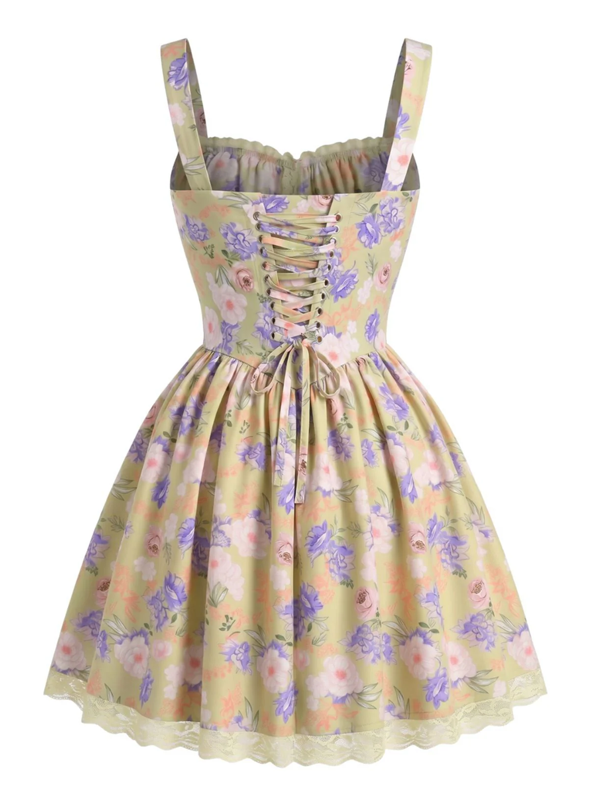 Mini-robe jaune patchwork floral et dentelle années 1950 - Image 3