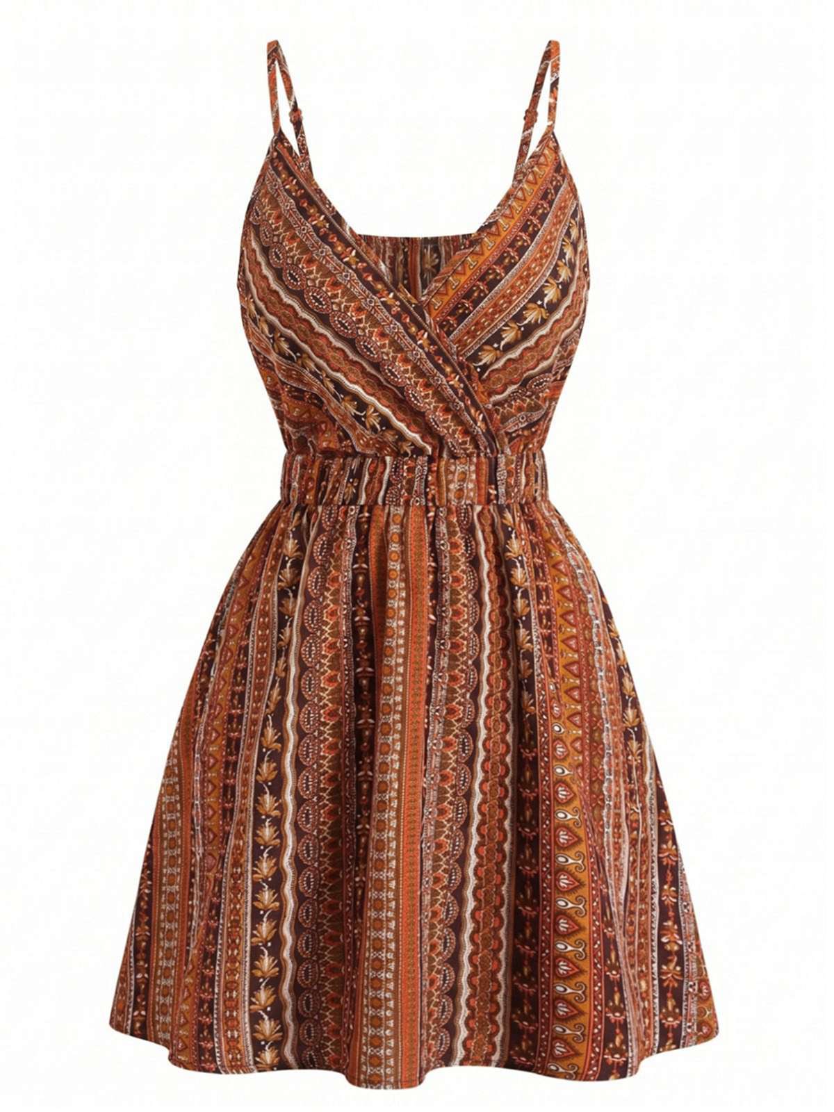 Mini-robe rayée bohème col V années 70 - Image 4