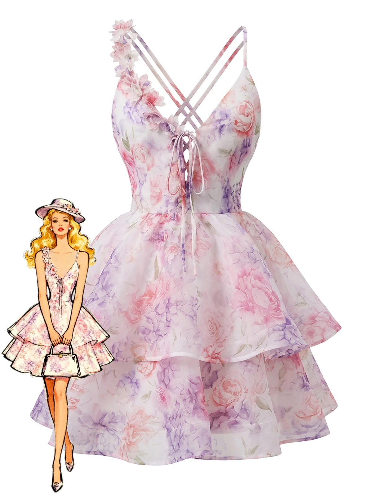 Mini Robe Rose Décolleté Fleurs 3D Dos Nu Années 60