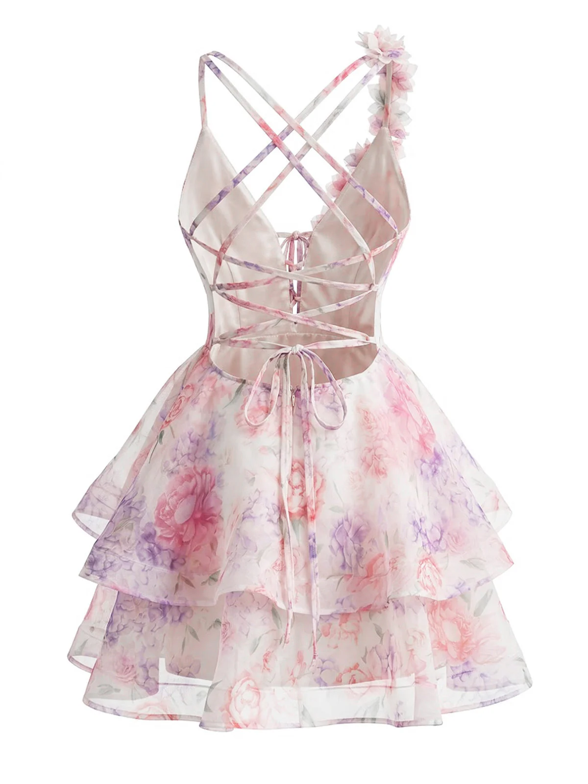 Mini Robe Rose Décolleté Fleurs 3D Dos Nu Années 60 - Image 3