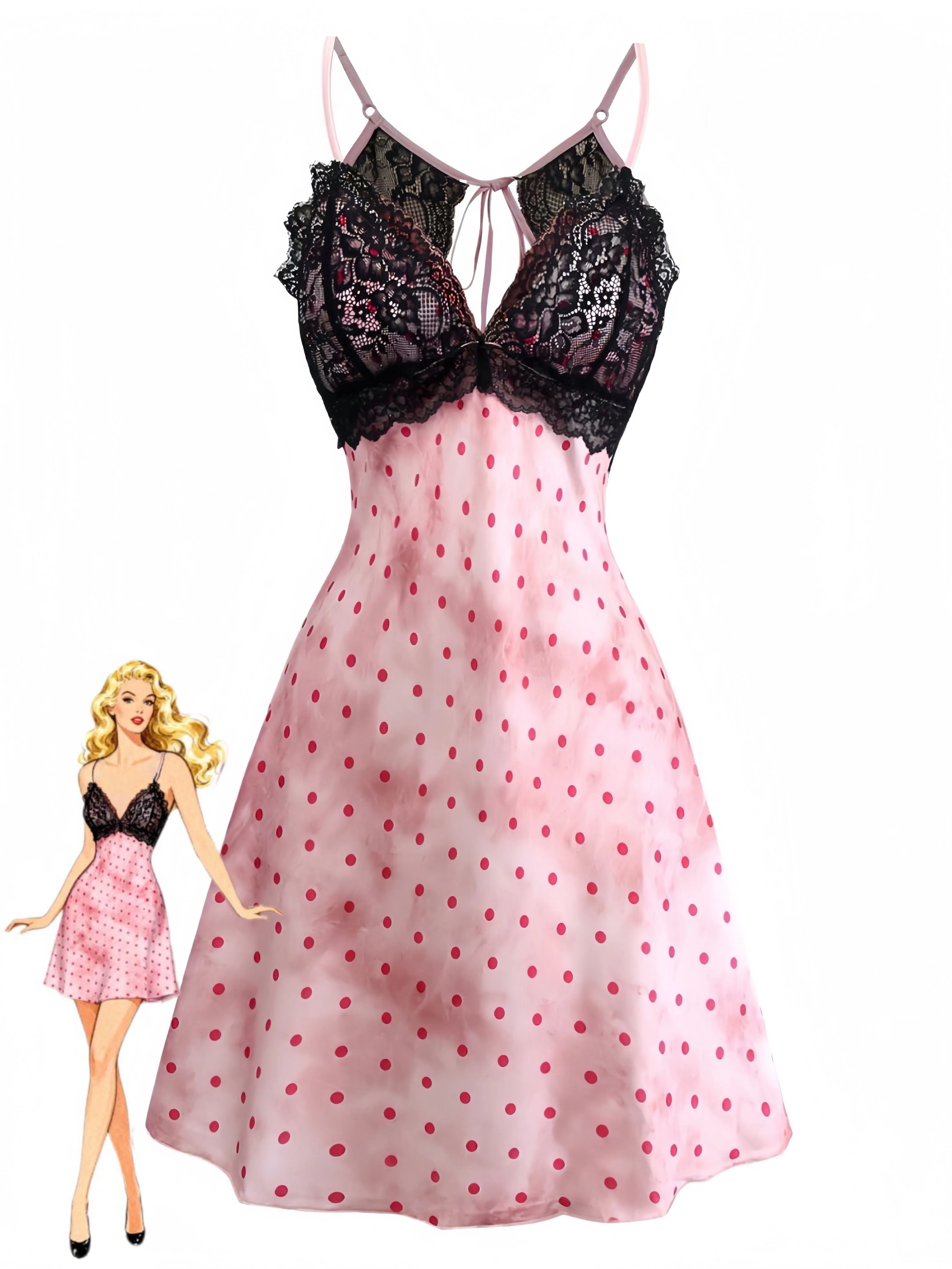 Nuisette dos nu en satin rose à pois et bordure en dentelle années 1940