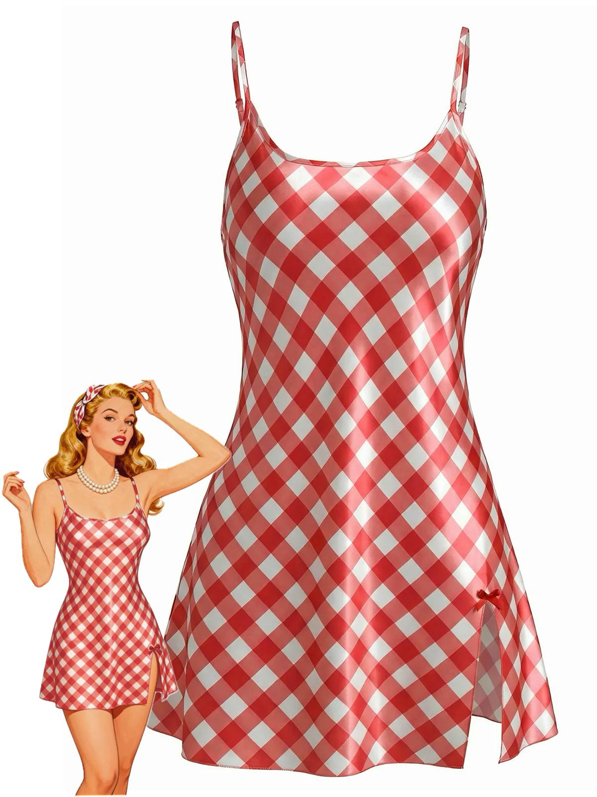Nuisette en satin vichy fente laterale 1960s