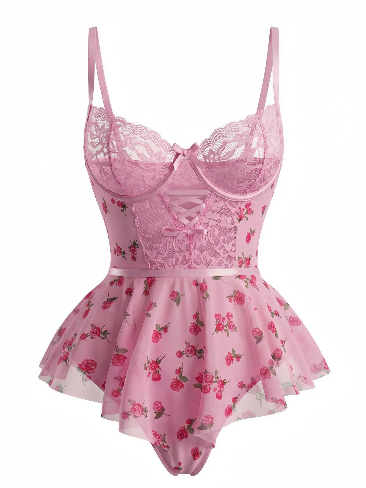 Nuisette rose à nœud en dentelle et roses années 1930 - Image 2