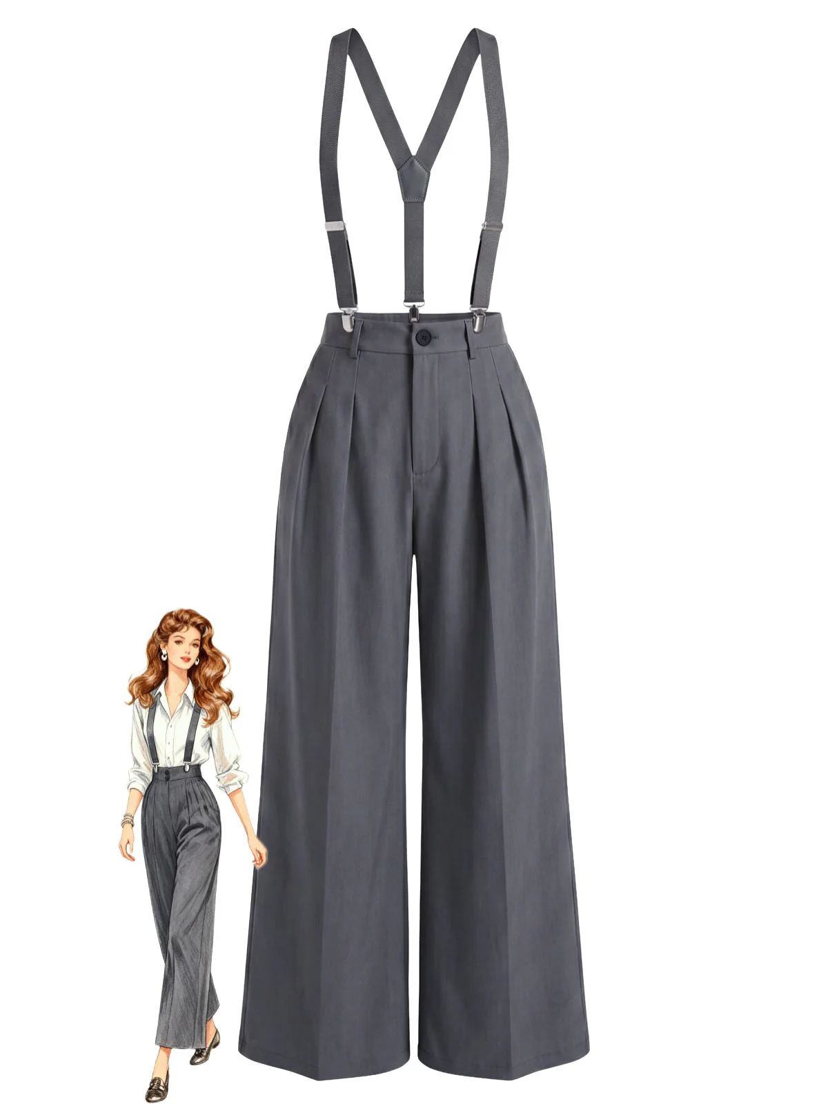 Pantalon gris taille haute plis et bretelles années 60