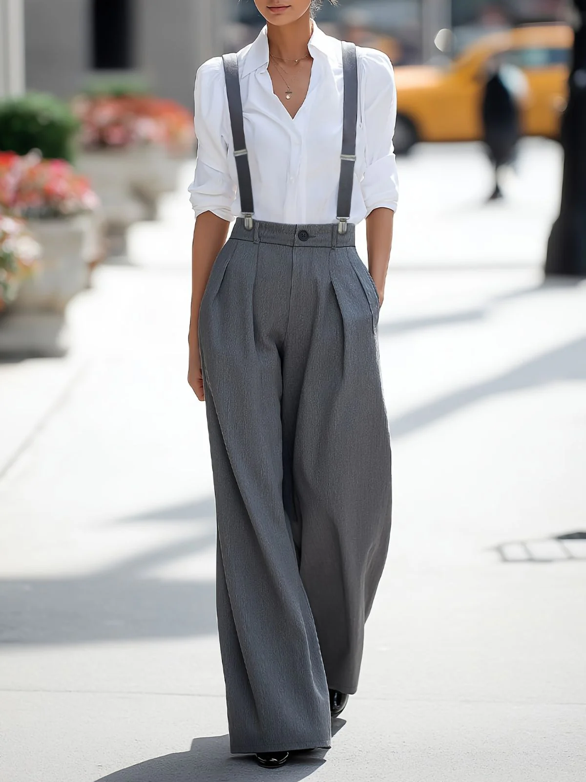 Pantalon gris taille haute plis et bretelles années 60 - Image 2