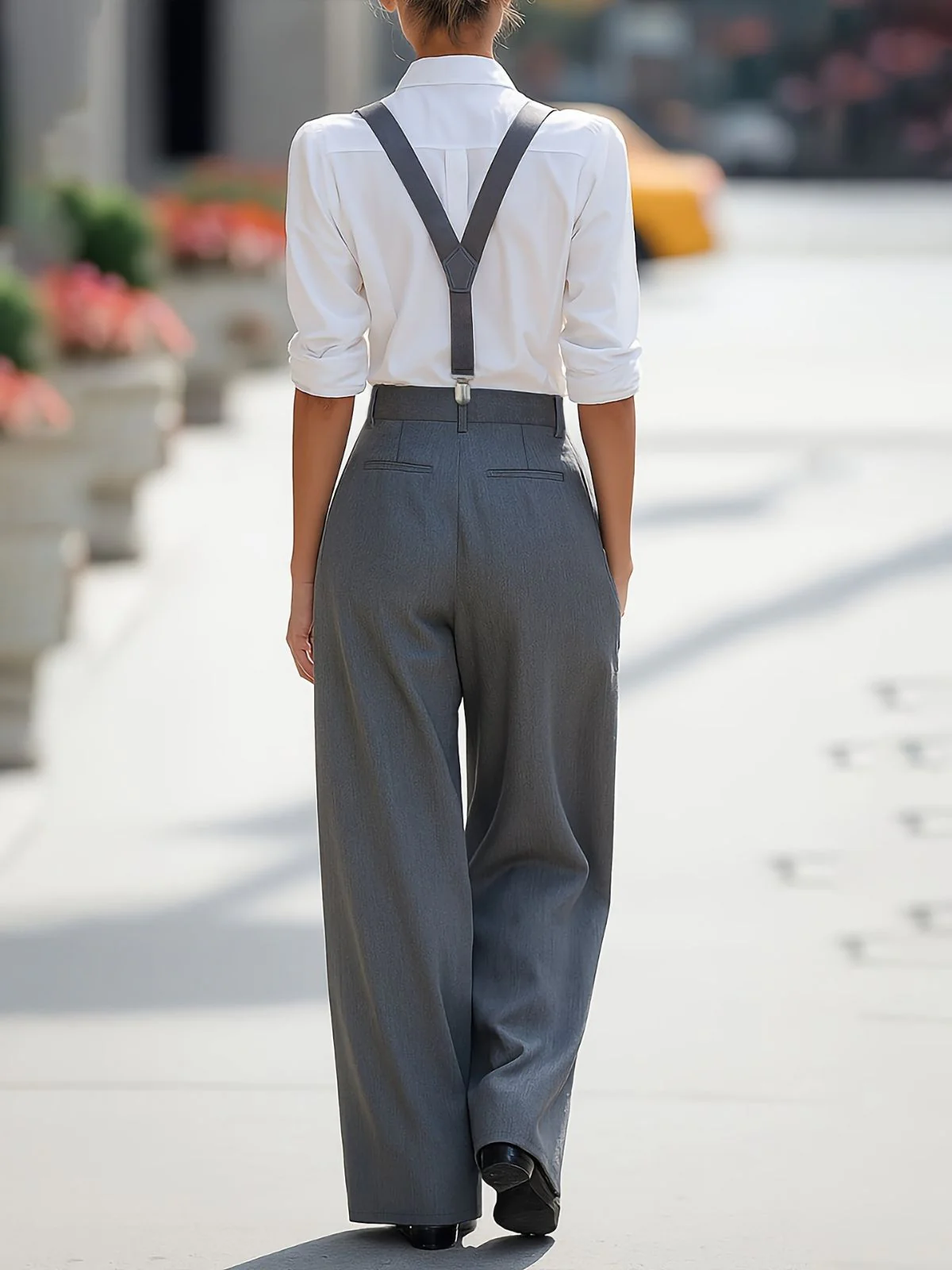 Pantalon gris taille haute plis et bretelles années 60 - Image 3