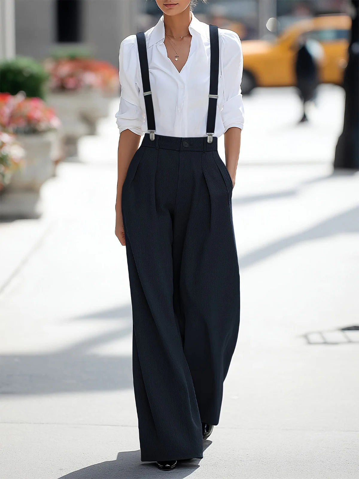 Pantalon gris taille haute plis et bretelles années 60 - Image 6