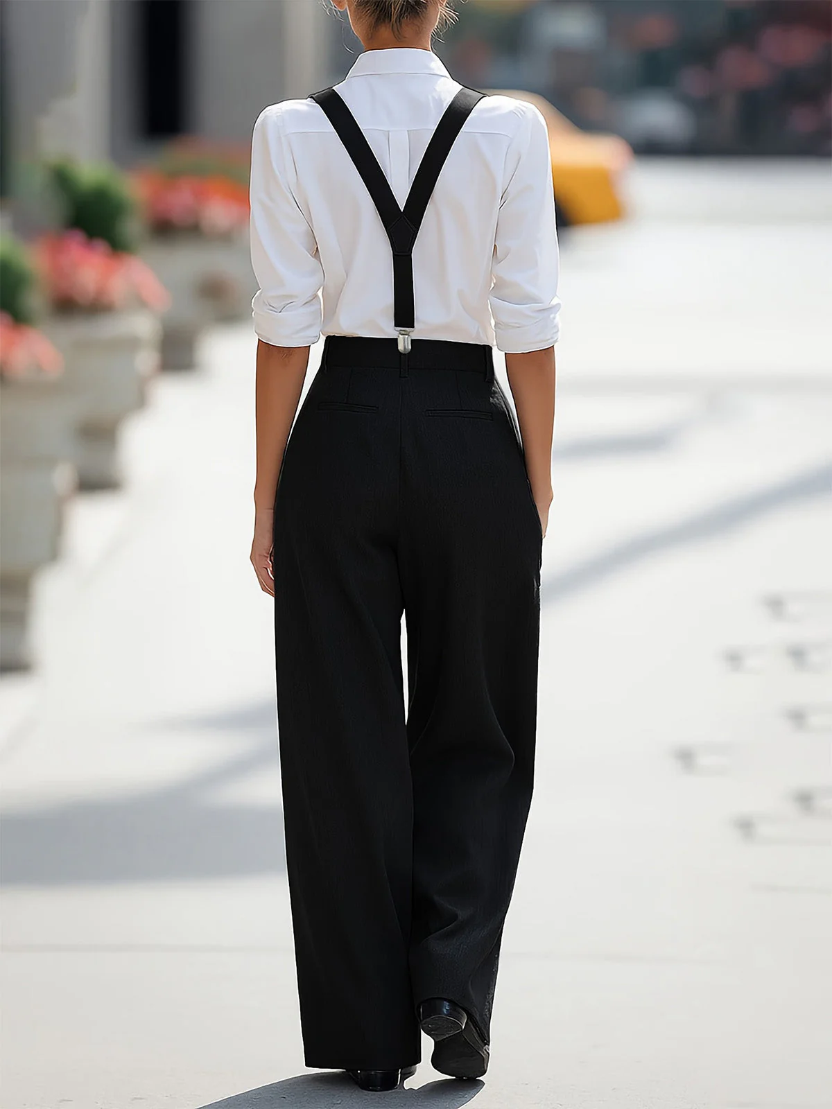 Pantalon gris taille haute plis et bretelles années 60 - Image 7