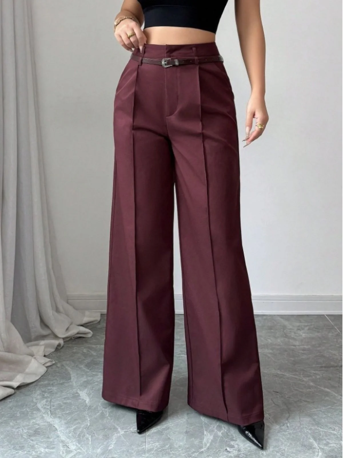 Pantalon large taille haute bordeaux des années 1960 - Image 5