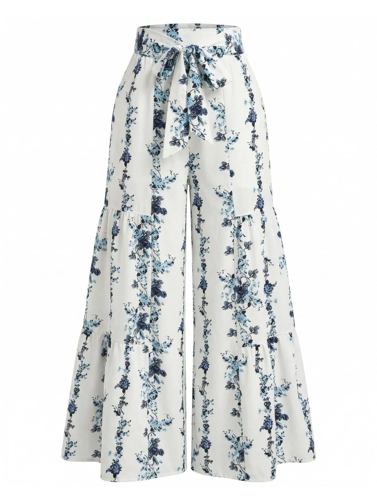 Pantalon Ourlet à Volants Bohème Fleur Bleu Années 70
