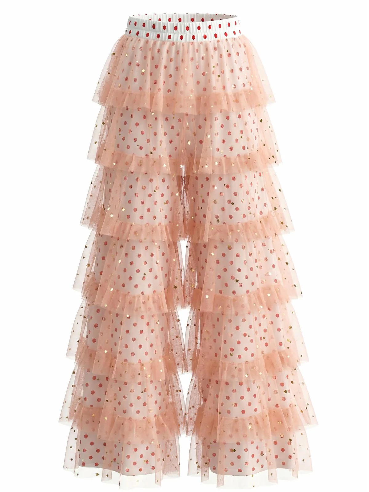 Pantalon rose pois tulle volants superposés années 70