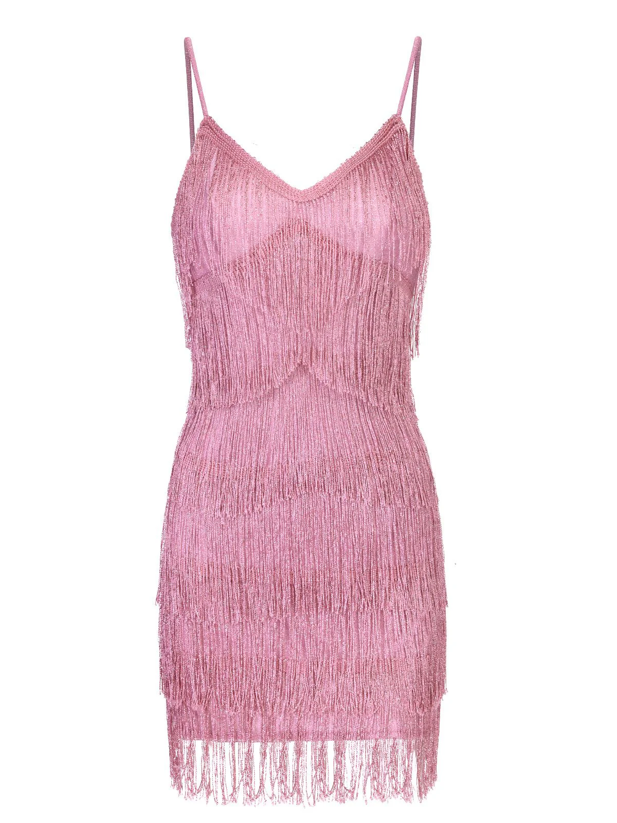 Robe rose à bretelles spaghetti et col en V à franges des années 1920