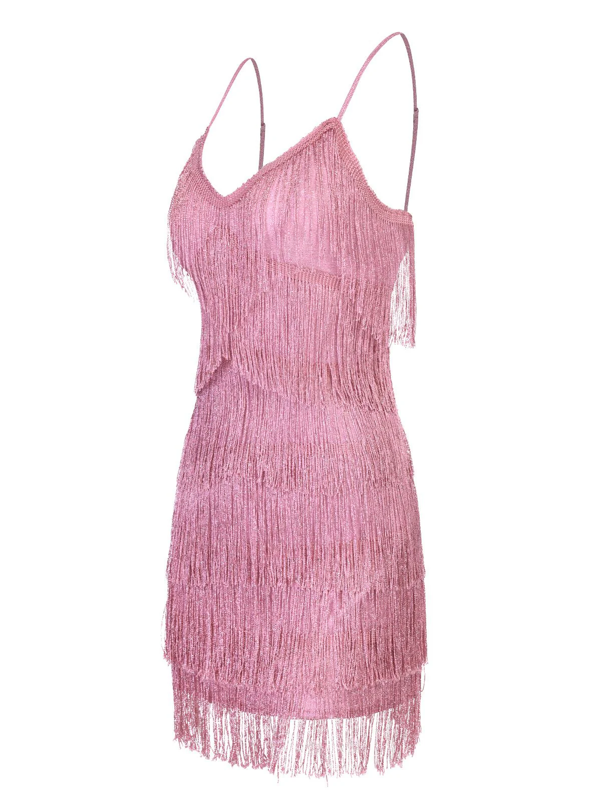 Robe rose à bretelles spaghetti et col en V à franges des années 1920 - Image 2