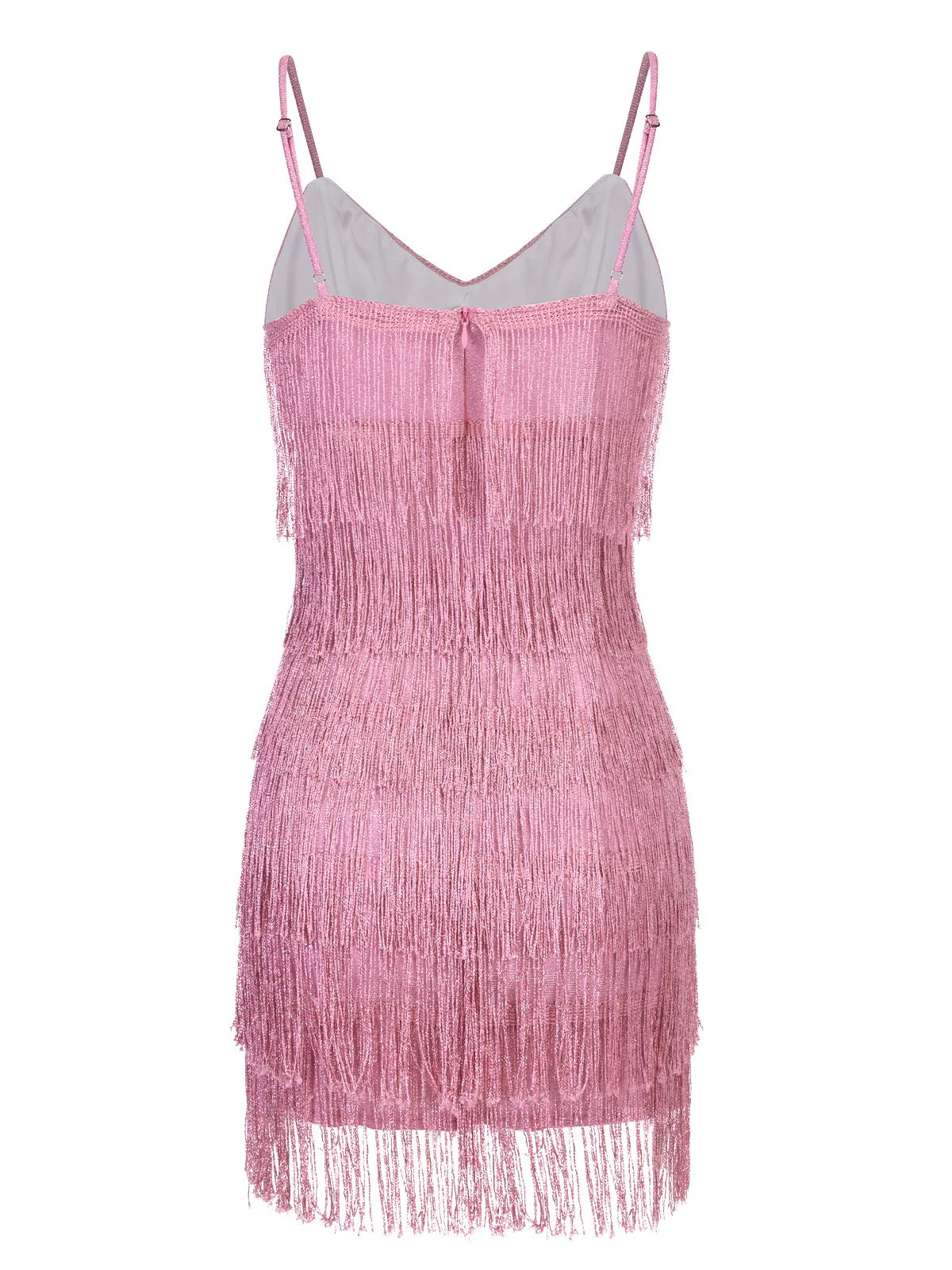 Robe rose à bretelles spaghetti et col en V à franges des années 1920 - Image 3