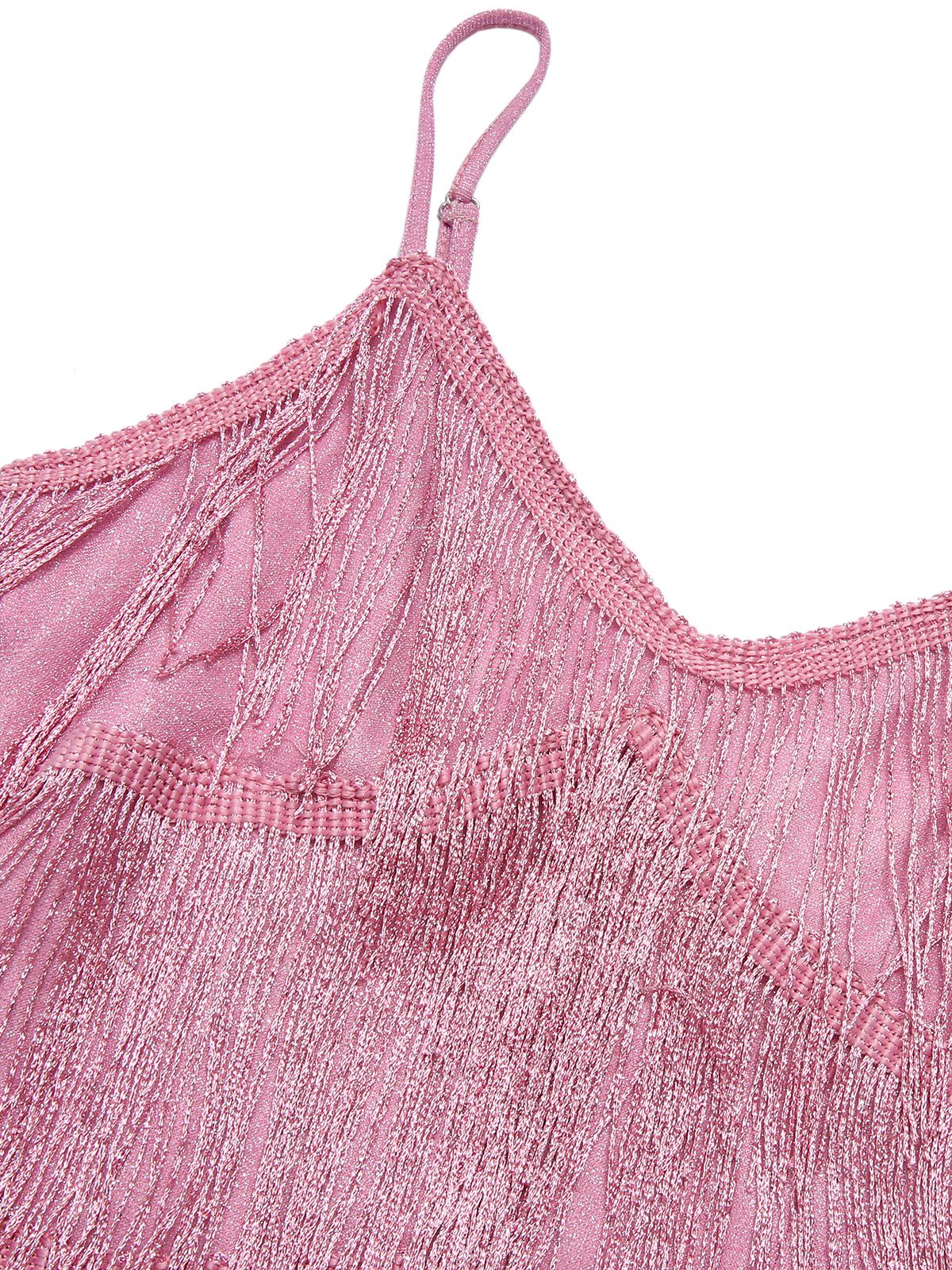 Robe rose à bretelles spaghetti et col en V à franges des années 1920 - Image 4