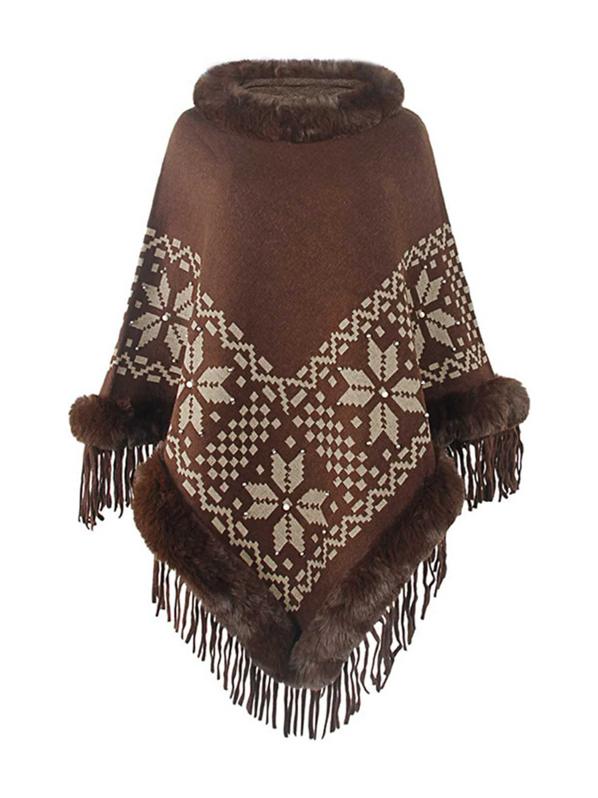 Poncho à franges perlées et patchwork avec bordure en fourrure - Image 2