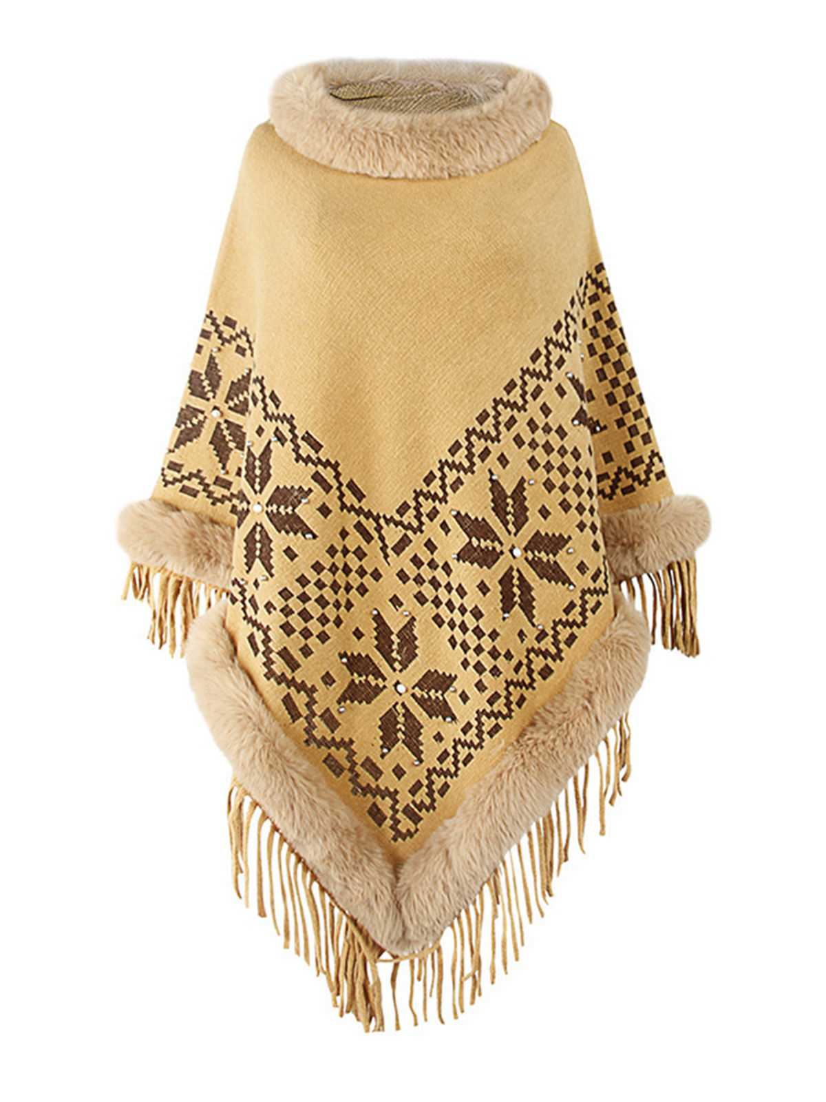 Poncho à franges perlées et patchwork avec bordure en fourrure - Image 3