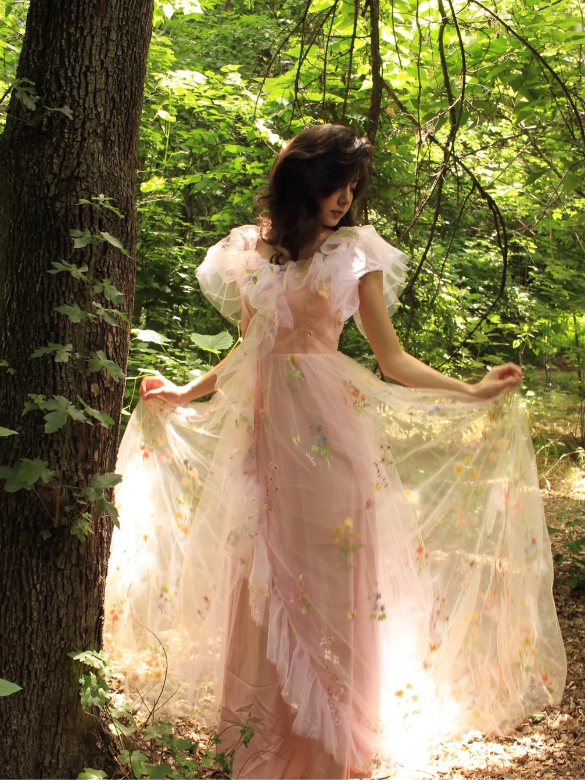 Robe fendue tulle fleurs rose 1970s - Image 3
