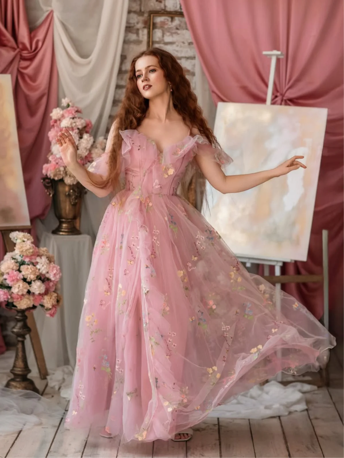 Robe fendue tulle fleurs rose 1970s - Image 4
