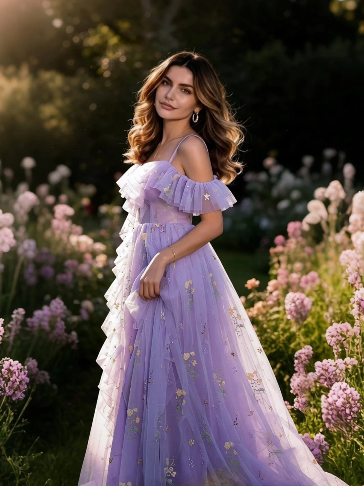 Robe fendue violette tulle fleurs 1970s - Image 13
