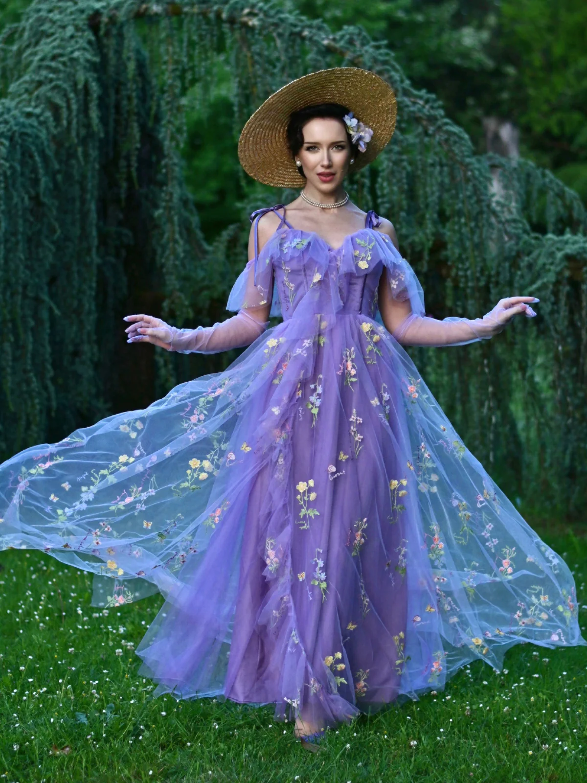 Robe fendue violette tulle fleurs 1970s - Image 2