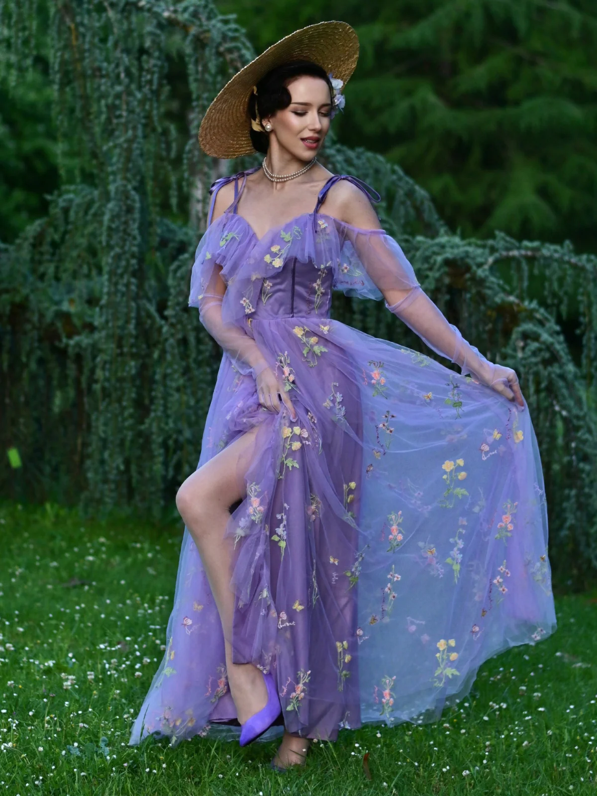 Robe fendue violette tulle fleurs 1970s - Image 3