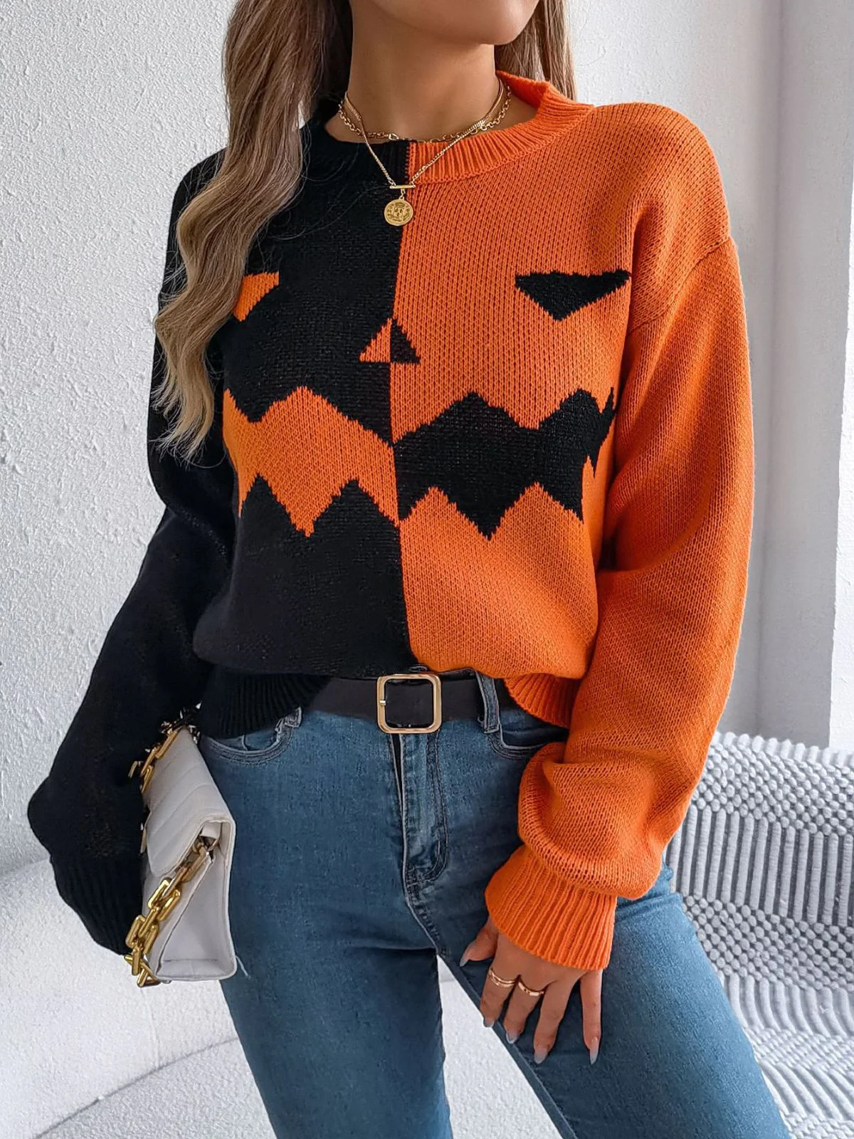 Pull en tricot colorblock à motif citrouille Halloween années 1940