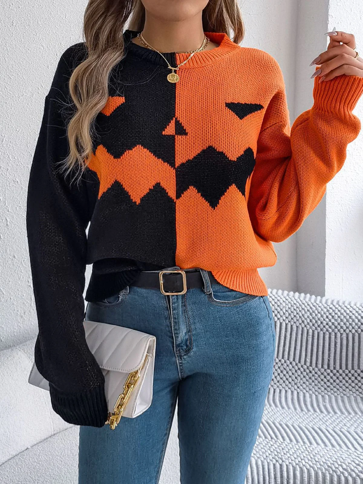 Pull en tricot colorblock à motif citrouille Halloween années 1940 - Image 3