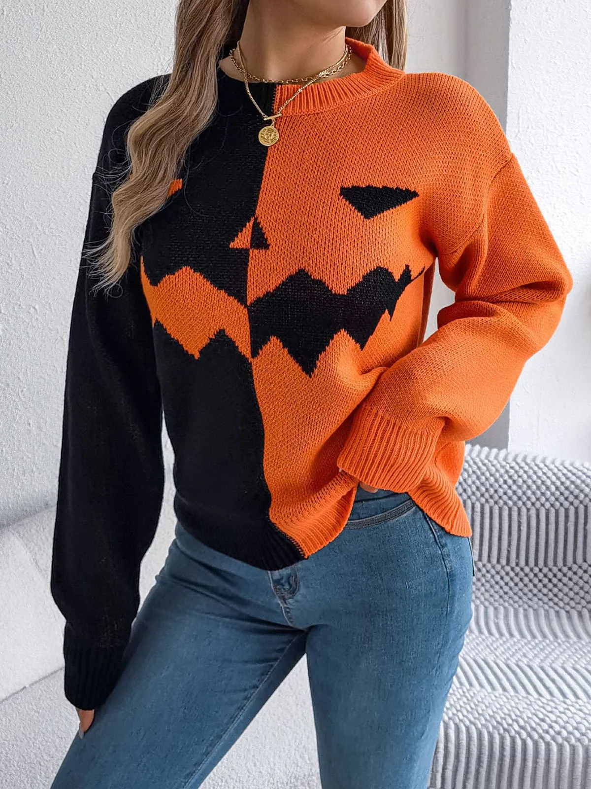Pull en tricot colorblock à motif citrouille Halloween années 1940 - Image 4