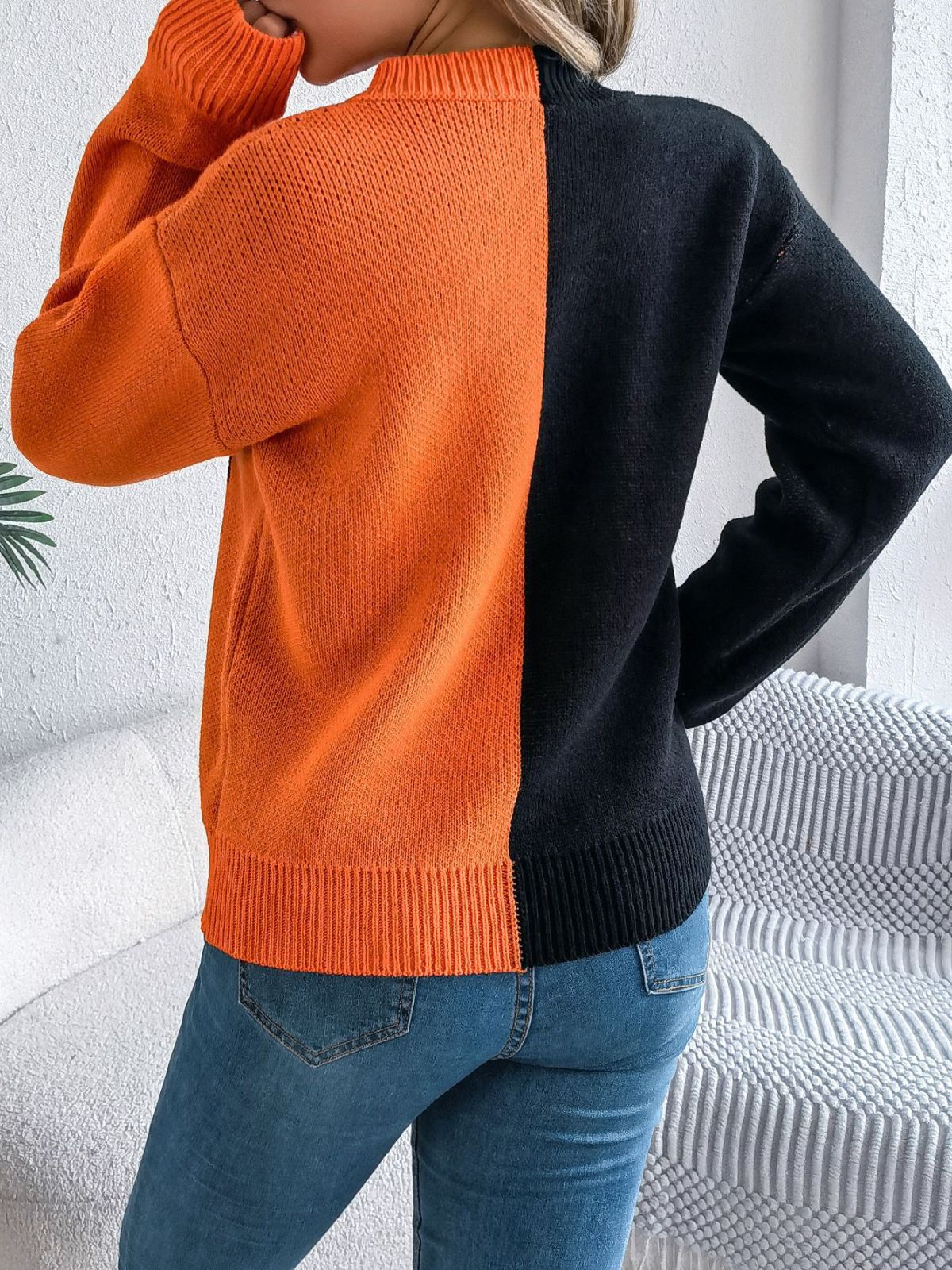 Pull en tricot colorblock à motif citrouille Halloween années 1940 - Image 5