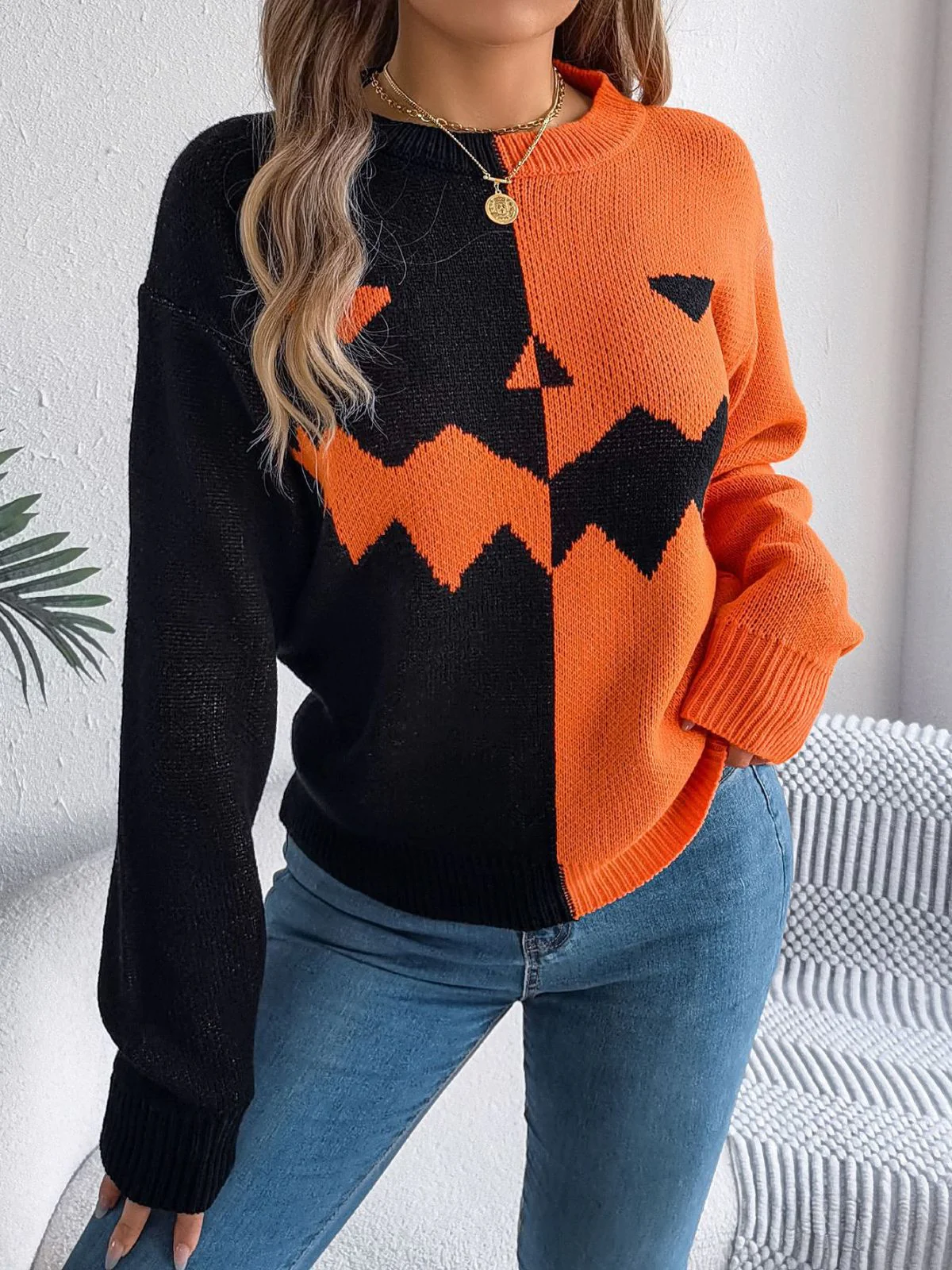 Pull en tricot colorblock à motif citrouille Halloween années 1940 - Image 6